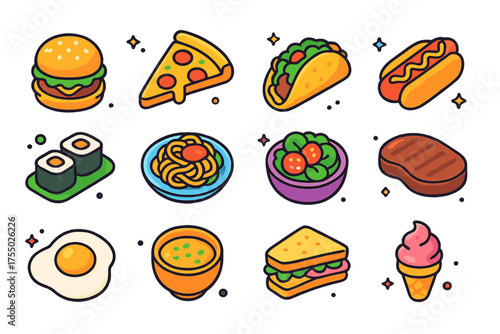 Colorful Meal Icons. Delicious Meals. Colorful isometric vector icons set of delicious meals: burger, pizza slice, taco, hot dog, sushi roll, pasta plate,