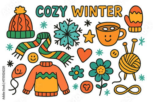 Cozy Winter Doodles. Cozy Winter. Colorful Hand-drawn doodle Children illustration scarf, mitten, hat, sweater, yarn ball, knitting needles, snowflake, heart,