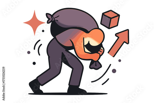 Endurance in Motion. Hard work. Glowing silhouette bent slightly while carrying heavy grain sack. Floating icons of sparkle, cube, and arrow symbolizing