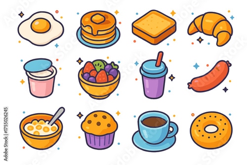 Vibrant Breakfast Icons. Breakfast. Colorful isometric vector icons set of breakfast: fried egg, pancake stack, toast, croissant, yogurt cup, fruit bowl,