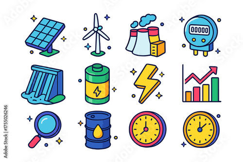 Future Energy Icons. Future Energy. Colorful isometric vector icons set of future energy: solar panel, wind turbine, power plant, electric meter, hydro dam,