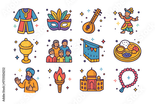 Cultural Traditions Icons. Cultural Traditions. Colorful isometric vector icons set of Cultural Traditions: traditional costume, festival mask, musical