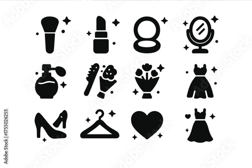Beauty Routine Icons. Beauty routine. Solid icons set of Beauty routine: makeup brush, lipstick, compact powder, mirror, perfume bottle, comb, bouquet, veil,