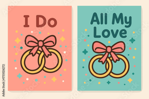 Kawaii Wedding Banners. Vows. Two vertical A6 banners, kawaii, coral and teal backgrounds, two rings tied with a ribbon and confetti, first banner with text "I