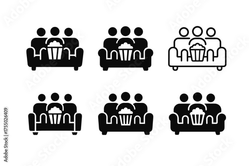 Family Movie Night Logos. Quality time with parents. Set Logo of Quality time with parents: Couch with popcorn (movie night). harmonious logo variations of the