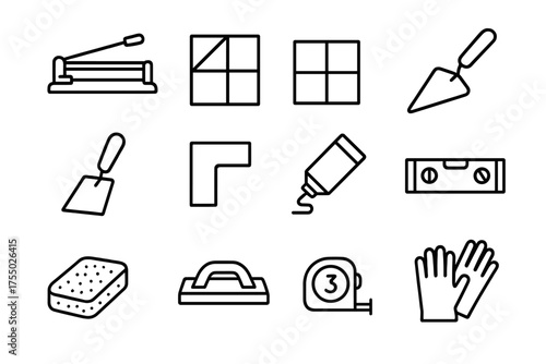 Tile Cutting Icons. Tile cutting. Line icon set of Tile cutting: tile cutter, tile square, grout line, trowel, scraper, corner tile, adhesive, level, sponge,
