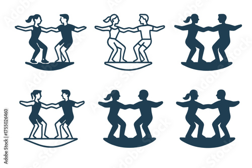 Partner Exercise Logos. A couple doing partner exercises, motivating and supporting each other. Set Logo of A couple doing partner exercises, motivating and
