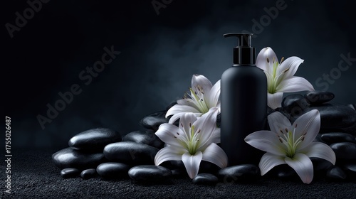 A black bottle with a pump dispenser and white flowers on a dark background with black stones.