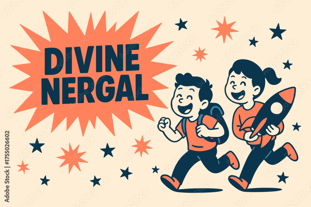 Obraz premium Nergal Adventure Design. Divine Nergal banner, flat vector illustration, bold oversized text inside splash explosion, cartoon characters running and laughing,