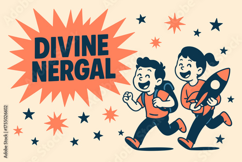 Nergal Adventure Design. Divine Nergal banner, flat vector illustration, bold oversized text inside splash explosion, cartoon characters running and laughing,