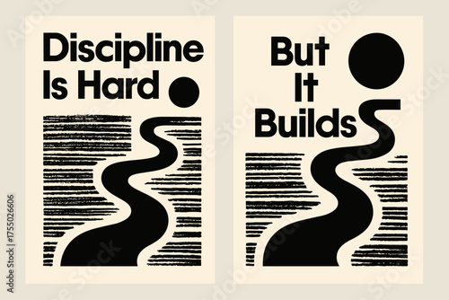 Bauhaus Discipline Banners. Wisdom. Two vertical A6 banners with safe margins, centered composition, no elements touching edges, bauhaus style, black and