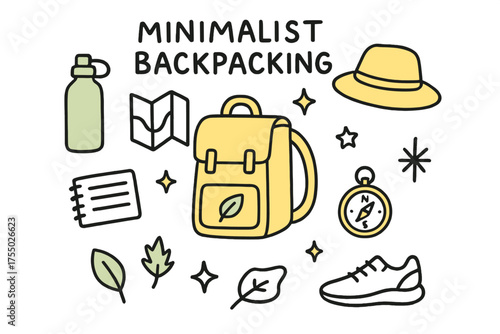 Minimalist Backpacking Essentials. Minimalist Backpacking. Hand-drawn doodle illustration eco backpack (colored), reusable bottle (colored), map, hat