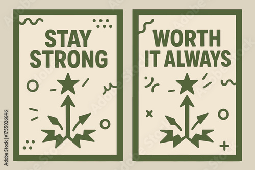Inspiring Banner Design. Inspiration. Two vertical A6 banners with safe margins, centered composition, no elements touching edges, memphis style, olive green