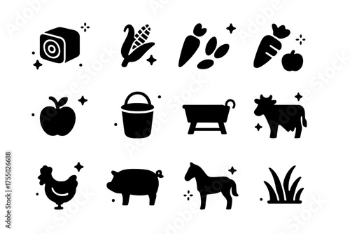 Farm Feed Icons. Farm feed. Solid icons set of Farm feed: hay bale, corn, grain, carrot, apple, water bucket, feed trough, cow, chicken, pig, horse, grass.