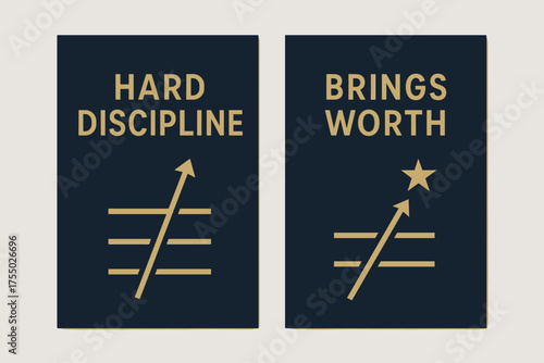 Discipline Journey Art. Discipline. Two vertical A6 banners with safe margins, centered composition, no elements touching edges, modern minimal, navy and gold,