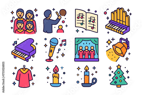 Choral Isometric Icons. Choral Performance. Colorful isometric vector icons set of choral performance: singers, conductor, sheet music, organ, piano,