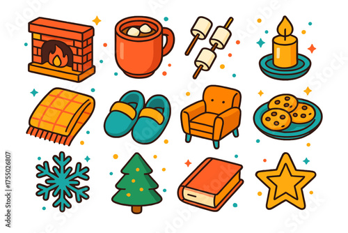 Fireside Comfort Icons. Fireside Relaxation. Colorful isometric vector icons set of fireside relaxation: fireplace, mug of cocoa, marshmallows, candle, cozy