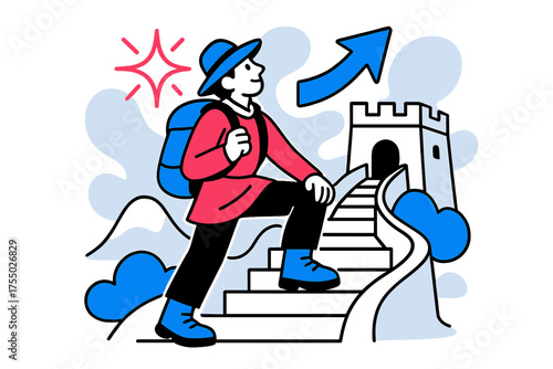 Traveler on Great Wall. Historic Steps. A glowing traveler pausing on Great Wall stairs, abstract floating spark and arrow icons symbolizing perseverance.