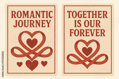 Romantic Journey Banners. Romantic journey. Two vertical A6 banners with safe margins, centered composition, no elements touching edges, retro, red and beige,