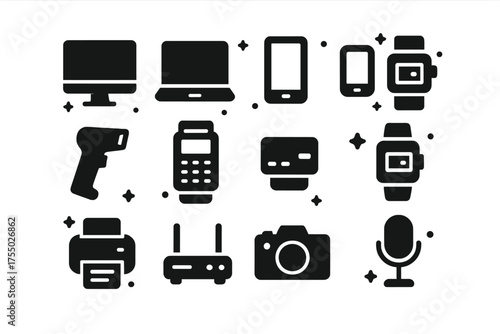 E-Commerce Technology Icons. E-Commerce Devices. Solid icons set of E-Commerce Devices: desktop, laptop, tablet, smartphone, barcode scanner, POS terminal,