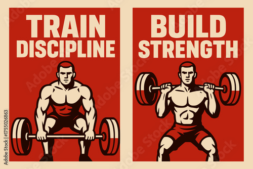 Discipline and Strength Banners. Strength. Two vertical A6 banners with safe margins, centered composition, no elements touching edges, bold style, red and