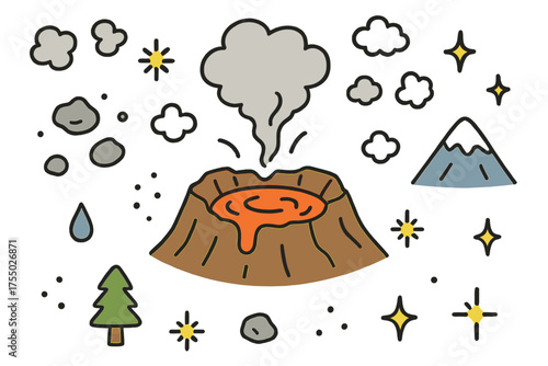 Volcano Cartoon Doodle. Volcanic Crater. Hand-drawn doodle illustration crater (colored), lava pool (colored), smoke, rock, sparkle, mountain (colored), ash,