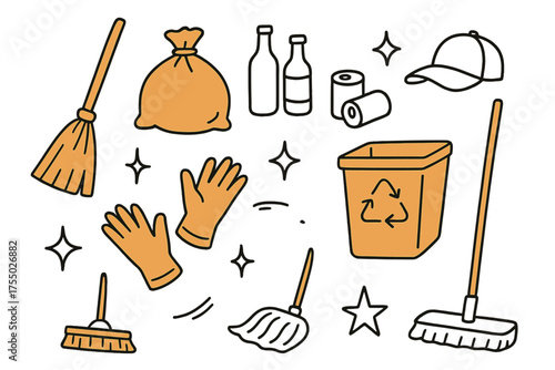 Colorful Cleaning Doodle. Cleaning Up. Hand-drawn doodle illustration broom (colored), trash bag (colored), bottles, soda cans (colored), gloves, sparkle,