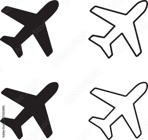 Isolated Aircraft icon set, aircraft, airplane, aviation, flight, travel, air transport, journey, minimal black vector, solid and line outline, thin stroke, editable, modern minimal style