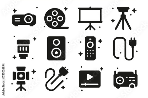Film Equipment Icons. Film & Projection Gear. Solid icons set of Film & Projection Gear: projector, film reel, screen, tripod, lens, speaker, remote, extension