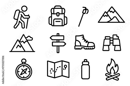 Outdoor Adventure Icons. Outdoor adventure. Line icon set of Outdoor adventure: hiker, backpack, trekking pole, mountain peak, trail sign, hiking boots,