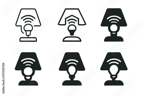 Smart Lamp Logos. Turning on a bedside lamp. Set Logo of Turning on a bedside lamp: smart bulb wifi signal. harmonious logo variations of the same emblematic