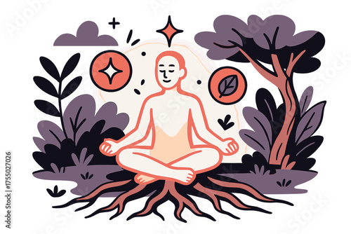 Rooted Energy Meditation. Root meditation. Glowing person sitting cross-legged on exposed roots, nature surrounding. Floating icons of sparkle, star, and leaf