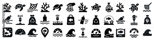 Marine conservation solid icons set – filled, sea life, ocean protection symbols