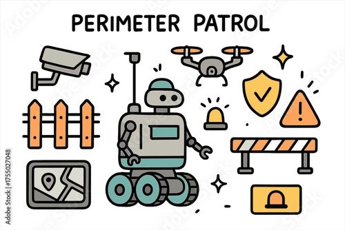 Security Patrol Doodle. Perimeter Patrol. Hand-drawn doodle illustration security robot (colored), fence (colored), camera, drone (colored), sparkle, star,