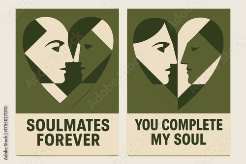 Geometric Soulmate Banners. Soulmates Forever. Two vertical A6 banners, geometric, olive green and cream backgrounds, overlapping angular shapes forming a
