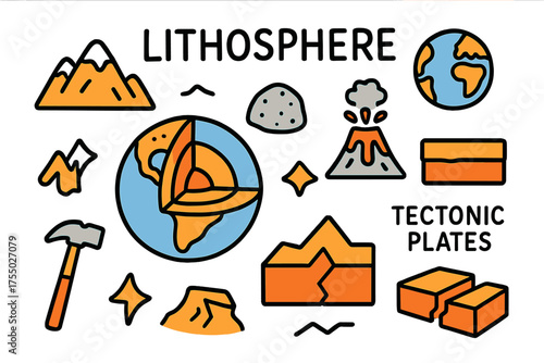 Earth Layers Doodle. Lithosphere. Hand-drawn doodle illustration Earth cross-section (colored), crust layer (colored), mountain, rock (colored), volcano, fault