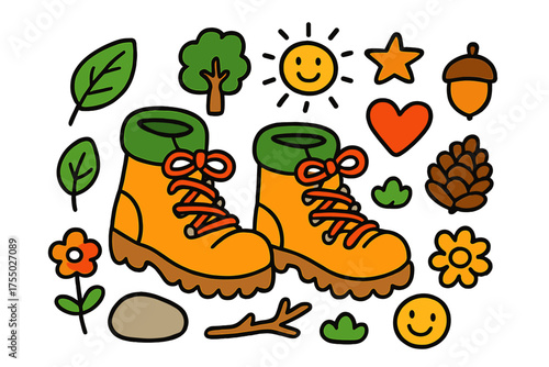 Colorful Nature Doodle. Nature Boots. Colorful Hand-drawn doodle Children illustration hiking boots, laces, leaf, tree, pinecone, acorn, star, heart, smiley