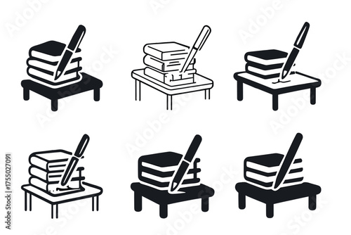 Diverse Book Launch Logos. Book launches. Set Logo of Book launches: signing table with pen and stack of signed copies. harmonious logo variations of the same