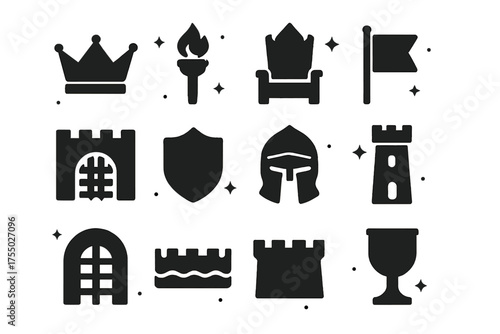 Castle Life Icons. Castle life. Solid icons set of Castle life: crown, torch, throne, flag, gate, shield, knight helmet, tower, dungeon door, moat, fortress