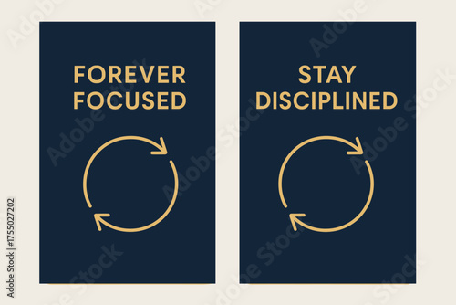 Forever Focused Banners. Discipline. Two vertical A6 banners with safe margins, centered composition, no elements touching edges, modern minimal, navy and