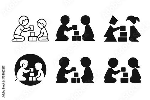 Educational Toys Logos. Exploring educational toys and games with kids. Set Logo of Exploring educational toys and games with kids: building blocks. harmonious