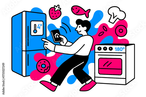 Smart Kitchen Control. Smart Appliance Control. Person operating smart fridge and oven from phone, floating abstract food icons and temperature symbols,