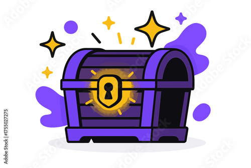 Glowing Mystery Chest. Mystery Chest. A glowing chest with faint light seeping from cracks, abstract floating spark and star icons symbolizing hidden value.