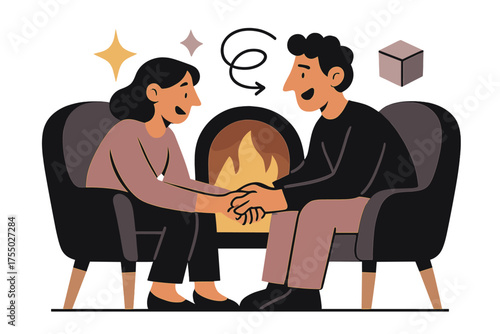 Cozy Fireplace Conversation. Heartfelt moment. Glowing couple in cozy chairs by fireplace, hands clasped while engaged in deep conversation. Floating icons of