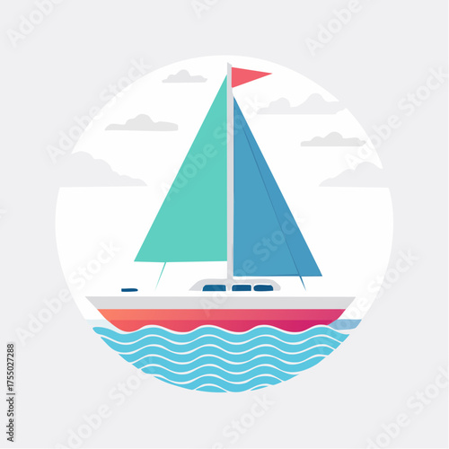 A colorful illustration of a sailboat with a red hull sailing on the water with clouds in the background.