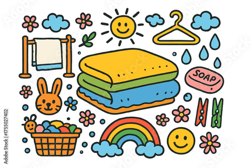 Colorful Towel Doodle. Folded Towel. Colorful Hand-drawn doodle Children illustration cotton towel, folded, towel rack, hanger, soap, water drops, laundry