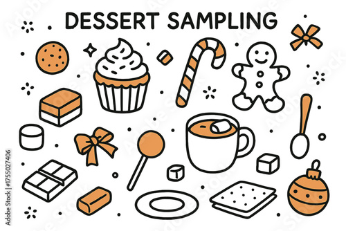 Dessert Doodle Delight. Dessert Sampling. Hand-drawn doodle illustration dessert sampling cupcake (accented), chocolate truffle, candy cane (accented),