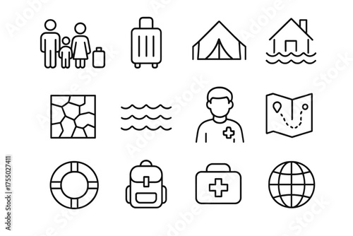 Forced Migration Icons. Forced migration. Line icon set of Forced migration: displaced family, suitcase, tent shelter, flooded house, dry cracked land, rising