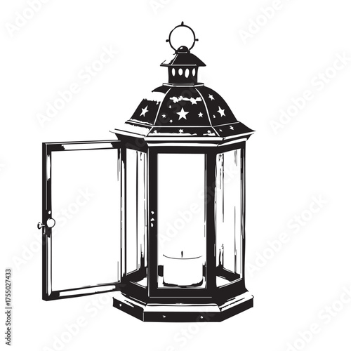 Decorative Lantern Vector — Black and White Illustration of Vintage Candle Holder with Star Cutouts and Open Glass Door