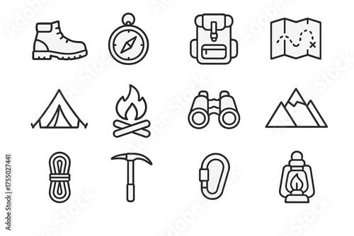 Mountain Adventure Icons. Mountain adventures. Line icon set of Mountain adventures: hiking boot, compass, backpack, map, tent, campfire, binoculars, mountain